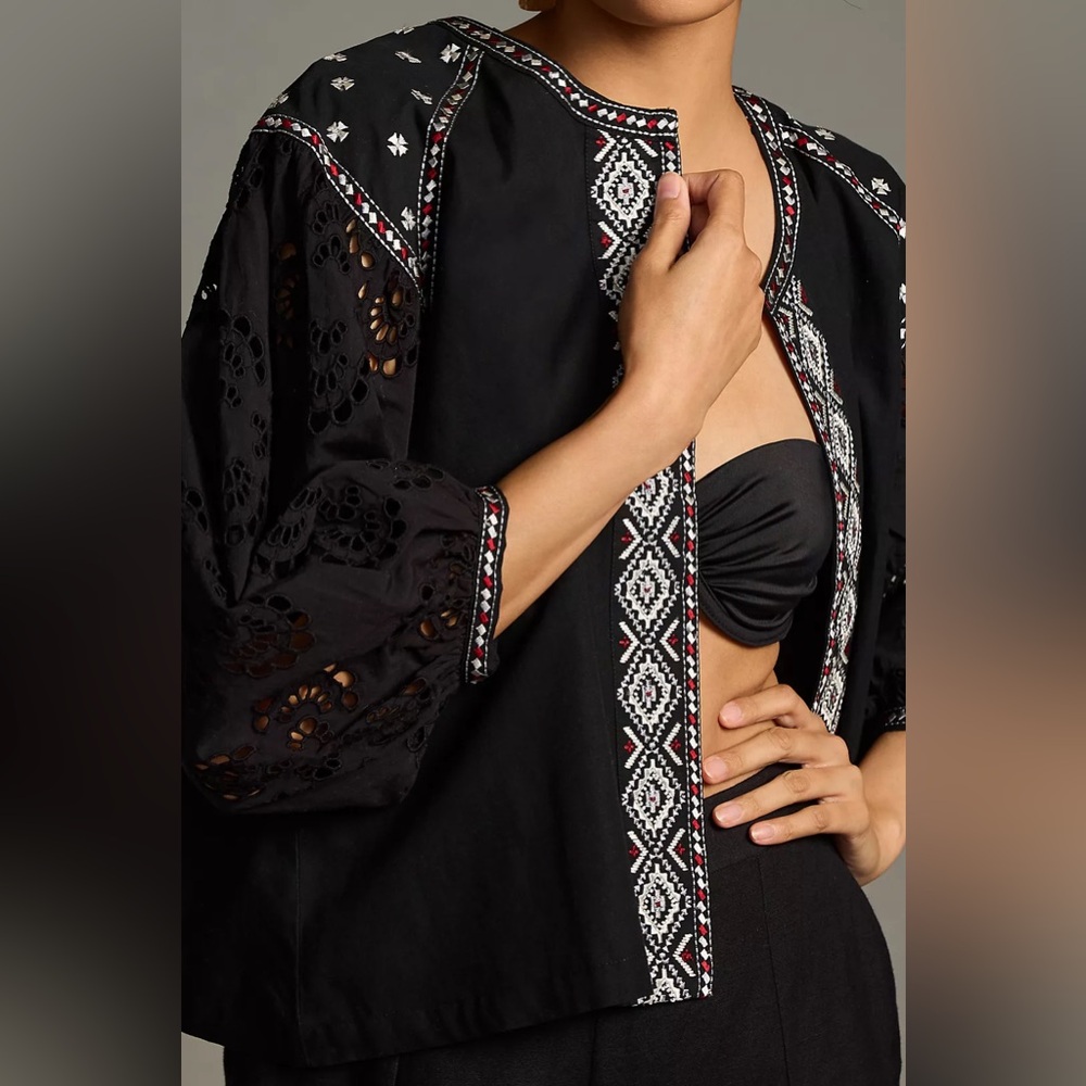 Anthropologie Eyelet-Sleeve Trimmed Jacket One Size